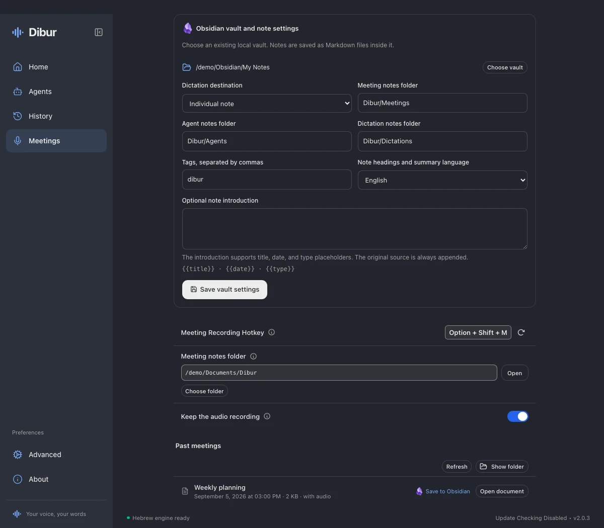 Dibur connection settings for a local Obsidian vault
