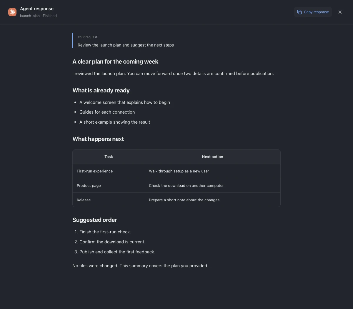 Dibur agent response window displaying headings, changes and a Markdown table