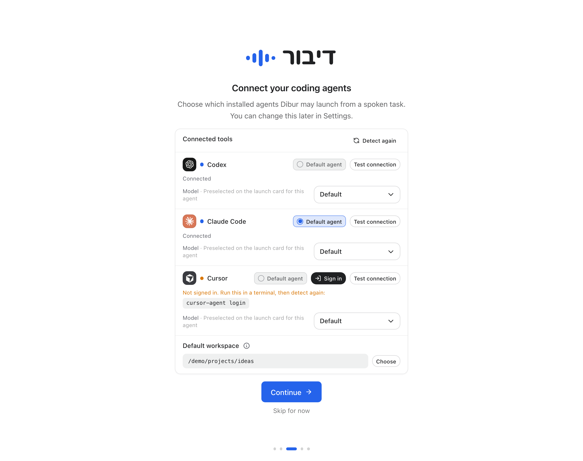 Agent connection state and test controls in Dibur